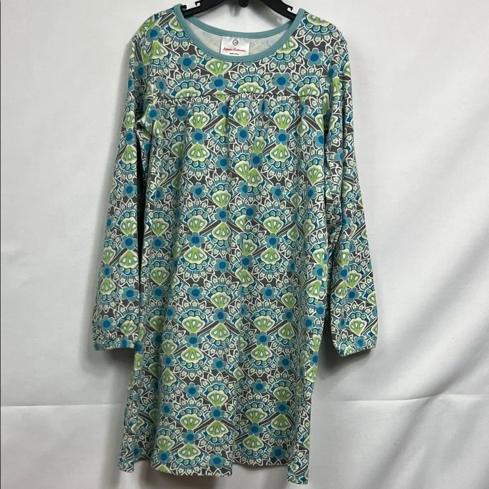 Hanna Andersson Blue and Green floral print long sleeve cotton dress size 8(130)